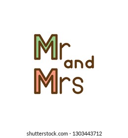 Mr & Mrs wedding written lettering flat icon, vector sign, colorful pictogram isolated on white. mr and mrs lettering symbol, logo illustration. Flat style design