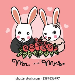 Mr. and Mrs. white rabbit wedding cartoon vector illustration