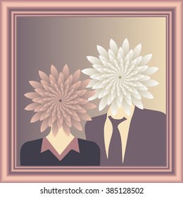 Mr and Mrs Wings. A vintage surreal framed portrait of a flower  heads couple in a discolored pink and sepia color palette
