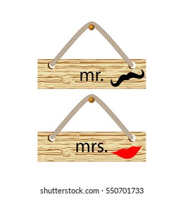 Mr. and Mrs. wooden sign. Vector illustration