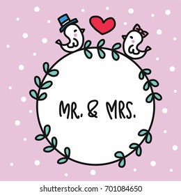 Mr. and Mrs. word in leaf wreath and couple bird cartoon vector illustration