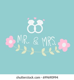 Mr. and Mrs. word and wedding ring cartoon vector illustration