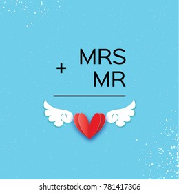 Mr and Mrs words. Mister plus Missis equal love on sky blue. Paper cut Red heart and angel wings. Romantic card For wedding invitations design, table decoration, cards, banners. Winged heart.