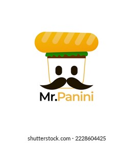 Mr Panini logo for fast food brand or delivery company with character face, mascot for sandwich cafe in cartoon style