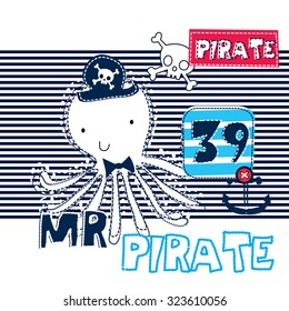 Mr pirate octopus on striped background vector illustration