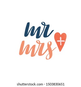 Mr plus Mrs wedding retro cartoon banner with lettering doodle. Love funny poster. Flat font vector graphic design. Lettering text typography. Love, romance concept. Lettering doodle in vintage style