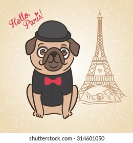 Mr. Pug. Cartoon dog clothing. Landmark, France, Paris, Eiffel Tower