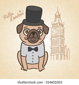 Mr. Pug. Cartoon dog clothing. Landmark, England, London, Big Ben