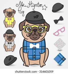 Mr. Pug Hipster. Cartoon dog clothing, accessories, hat, bow tie, glasses.