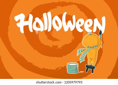 Mr. Pumpkin drawing white text Halloween with brush on the chair on the orange spiral background