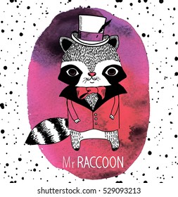 Mr raccoon. Cute children drawing. Raccoon in the cylinder jacket. Animals in clothes.