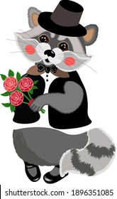 Mr. Raccoon is wearing a business suit and hat. He is holding a bouquet of roses. Cute vector illustration.