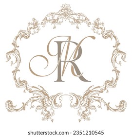 MR, RM, ilustración vectorial inicial de la cresta de bodas antiguas iniciales