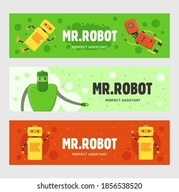 Carteles del Sr. Robot puestos. Humanoides, ciborgs, ilustraciones vectoriales de máquinas inteligentes con texto sobre fondo verde y rojo. Concepto de robótica para el diseño de folletos y folletos