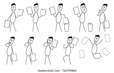 Mr Simple drawn man is looking at important papers, throwing papers into waste-basket, thinking about project, drinking coffee and speaking on the phone. He makes right decision and succeeds! Yahoo!