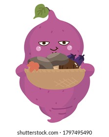 Mr. sweet potato with a basket full of autumn vegetables.