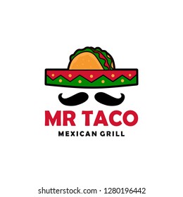 mr taco sombrero hat mustache logo vector icon illustration