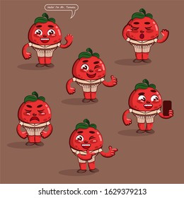 Mr. Tomato in clothes with different emotions. Character with a phone, winks, cries, yawns, smiles, in a shirt. A ripe vegetable with a human face enjoys life.