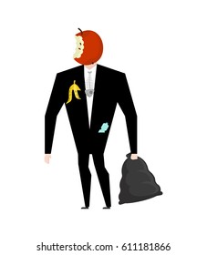 Mr. trash from garbage bag. Boss apple core. litter management. Businessman rubbish
