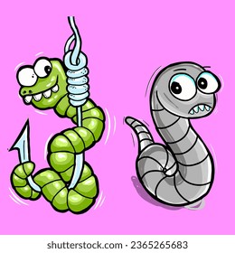 Mr. Worm! help your friend it has become fishing bait - vector cartoon hand drawing