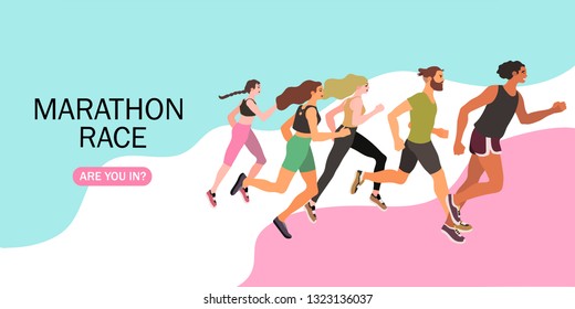 Mrathon running group of men and women - flat vector illustration. Creative landing page and web banner design concept.