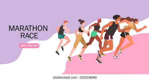 Mrathon running group of men and women - flat vector illustration. Creative landing page and web banner design concept.