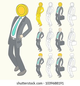 Mr.coin standing back bend with arm akimbo, tilt head and carry briefcase. Businessman, Character design (divide element in each layer, you can adjust shape, size and color)