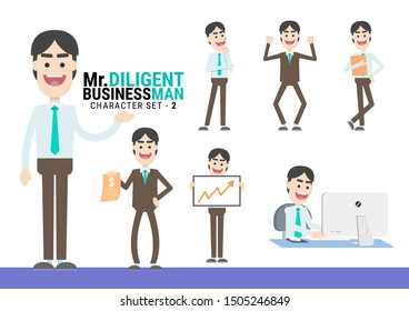 Mr.Diligent. The Businessman Character set. A variety of activities in the daily lives, various gestures in the workplace. You can choose and can be used easily. flat design vector illustration.