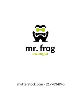 Mr.frog logo design. The male frog is wearing glasses and looks dashing. Modern and minimalist character logo