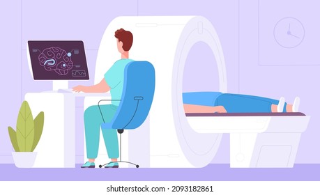 Mri brain scan. Ct xray mrt tomography diagnostic scanner machine, doctor medical examination patient on magnetic radiology ray technology, vector illustration. Medical, scanner diagnosis tomography