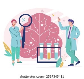 Resonancia magnética y escáner cerebral, diagnósticos de enfermedades neurológicas, Ilustración vectorial aislada sobre fondo blanco. Exámenes y diagnósticos de salud cerebral. neurocirugía y tratamiento del cáncer.