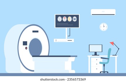 Mri clinic interior. Magnetic resonance imaging in hospital, scan brain or full body medical equipment. Healthcare vector background
