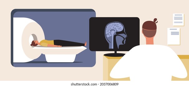 MRI clinic, patient's brain. Flat vector stock illustration. Computer tomogram or MRI. Tamographic examination. Doctor at the clinic. Patient health. Vector graphics