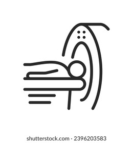 MRI and CT Scan Process Icon. Thin Line Illustration Depicting Patient Undergoing Brain Imaging in Medical Diagnostic Scanner Equipment. Isolated Outline Vector Sign.