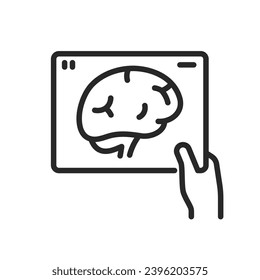 MRI and CT Scan Results Icon. Thin Linear Illustration of Hand Holding Brain Scan Image or Scanner Film for Medical Diagnostics and Patient Care. Isolated Outline Vector Sign.