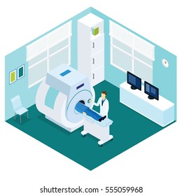 MRI diagnostic procedure isometric concept with doctor and patient in hospital room isolated vector illustration