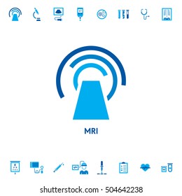 MRI Diagnostic Vector Icon Logo. Medical Procedure CT Scan Symbol Illustration. Computerized Tomography Scanner In Flat Style. Magnetic Resonance Imaging Machine Logotype On White Background