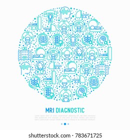 MRI diagnostics concept in circle with thin line icons. Modern vector illustration of laboratory equipment for web page template, print media, banner.