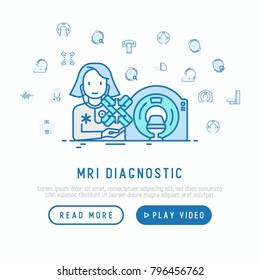 MRI diagnostics concept: therapist with MRI scanner thin line icons. Modern vector illustration of laboratory equipment for web page template.