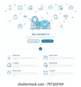 MRI diagnostics concept: therapist with MRI scanner thin line icons. Modern vector illustration of laboratory equipment for web page template.