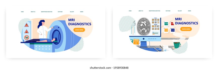 Mri diagnostics landing page design, website banner vector template set. Doctor doing magnetic resonance tomography.
