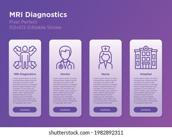 MRI diagnostics mobile user interface with thin line icons. Medical equipment for oncology detection, doctor, nurse, hospital. Pixel perfect, editable stroke. Vector illustration.