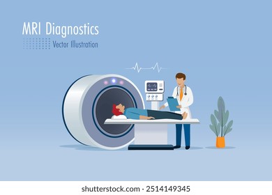 Diagnósticos de resonancia magnética. Paciente acostado en una máquina de resonancia magnética para escanear y diagnosticar un problema de salud. Tecnología de innovación médica. Vector.