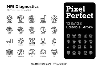 MRI diagnostics thin line icons set. Medical equipment for oncology detection, doctor, nurse, hospital. Pixel perfect, editable stroke. Vector illustration.