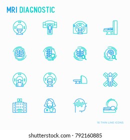 MRI diagnostics thin line icons set. Modern vector illustration of laboratory equipment.