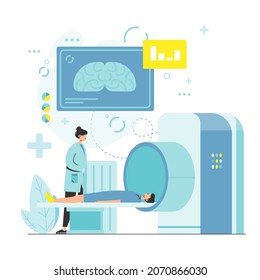 MRI Exam, Ct Scan Procedure, Flat Vector Illustration. Magnetic Resonance Imaging. MRI Scanner, Machine.