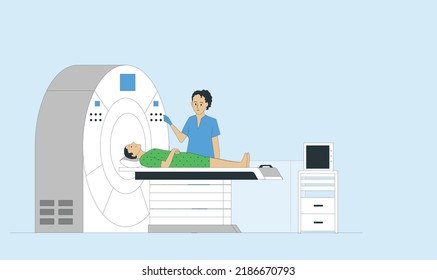 MRT-Prüfung, CT-Scan-Prozedur, flache Vektorgrafik. Magnetresonanztomographie. MRT-Scanner, Maschine. Überwachung der MRT- oder CT-Prüfung bei weiblichen Patienten, die sich einem Verfahren unterziehen. Vektorgrafik