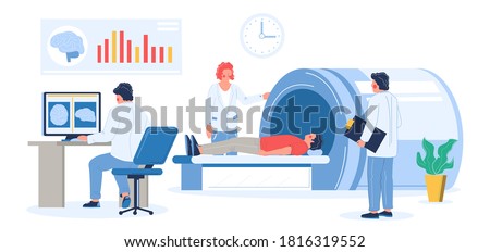 MRI exam procedure in clinic. Doctors, medical professionals doing head or brain mri scan of patient male character, flat vector illustration. Magnetic resonance imaging. Medicine and healthcare.