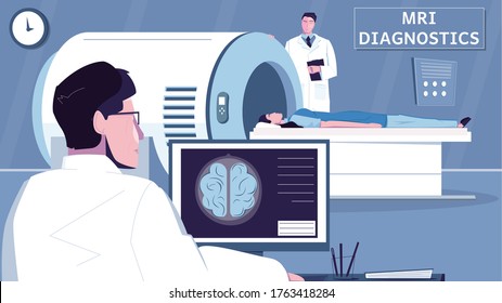 Mri examination flat composition with diagnostics office scenery and doctor characters with medical apparatus and patient vector illustration