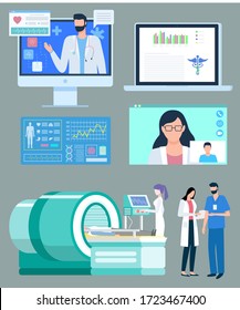 MRI in hospital vector, isolated doctors on screens. Nurse and doc with assistant conducting magnetic resonance imaging of patient. Checkup diagnostics
